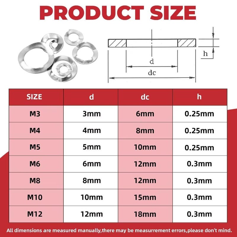 AIMUNOK 350PCS Spring Wave Washer Gasket Assortment Kit, M3 M4 M5 M6 M8 M10 M12 Wavy Wave Crinkle Spring Washers Sets, 304 Stainless Steel Metric Wave Spring Washer for Screw Bolt - Image 2